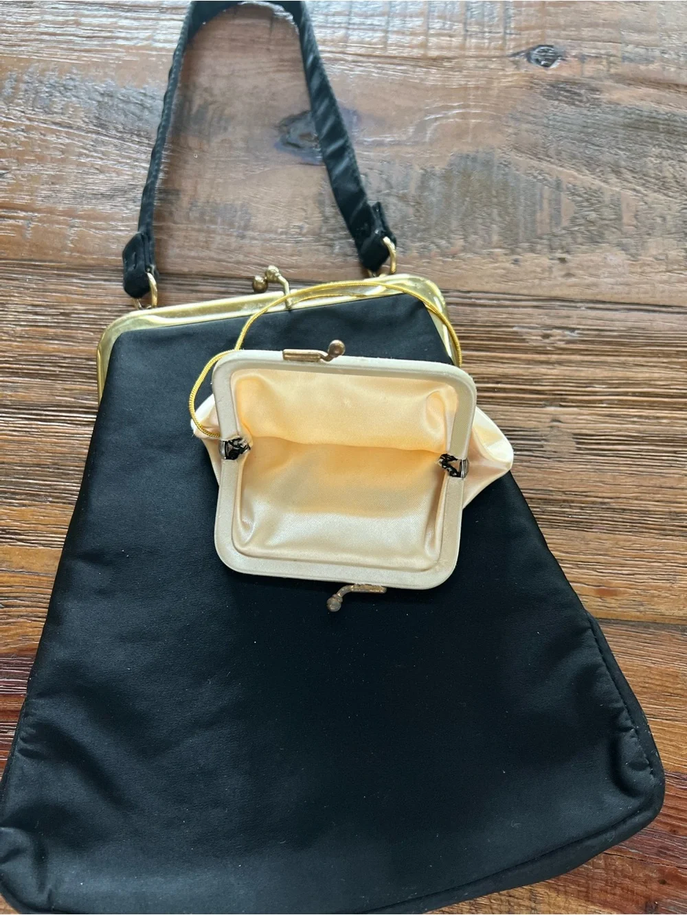 Vintage Ingber Black Satin Evening Purse Kiss Lock Bag With Coin Purse USA MCM